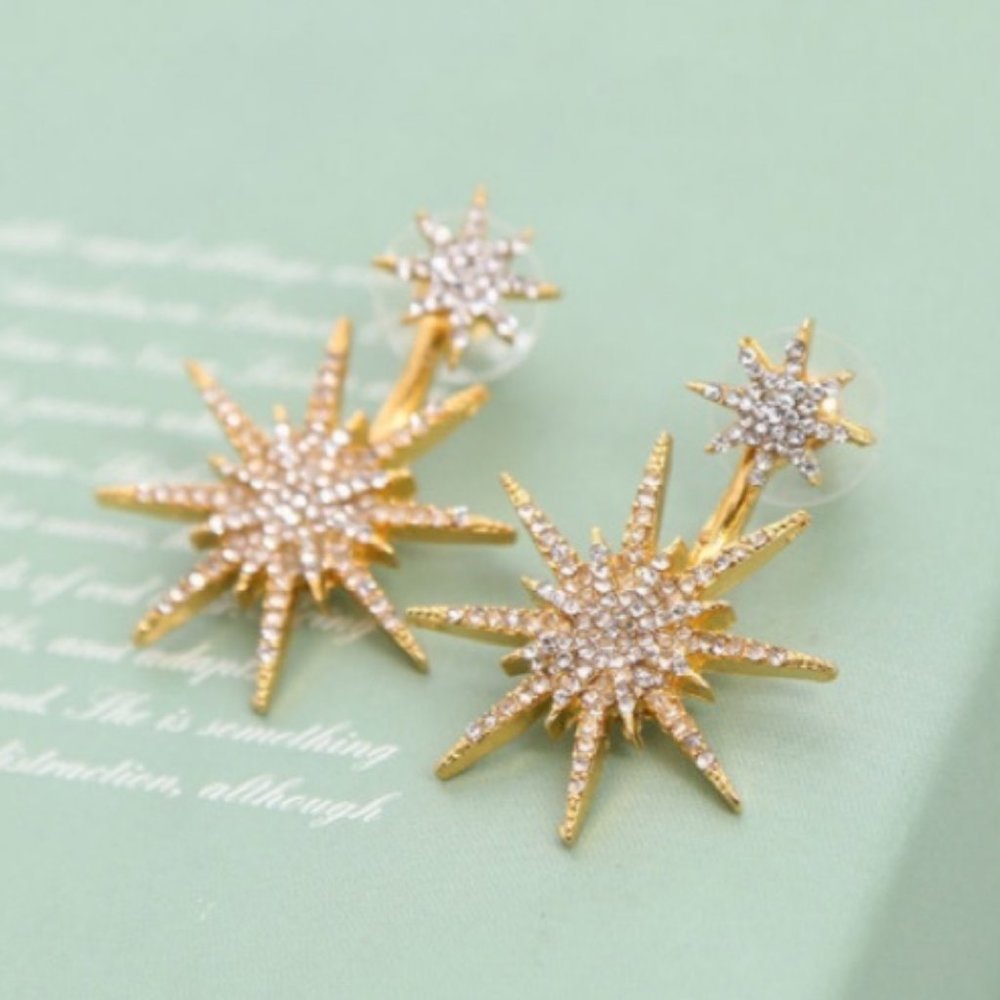 Beautiful gold rhinestone star sun dangle earrings